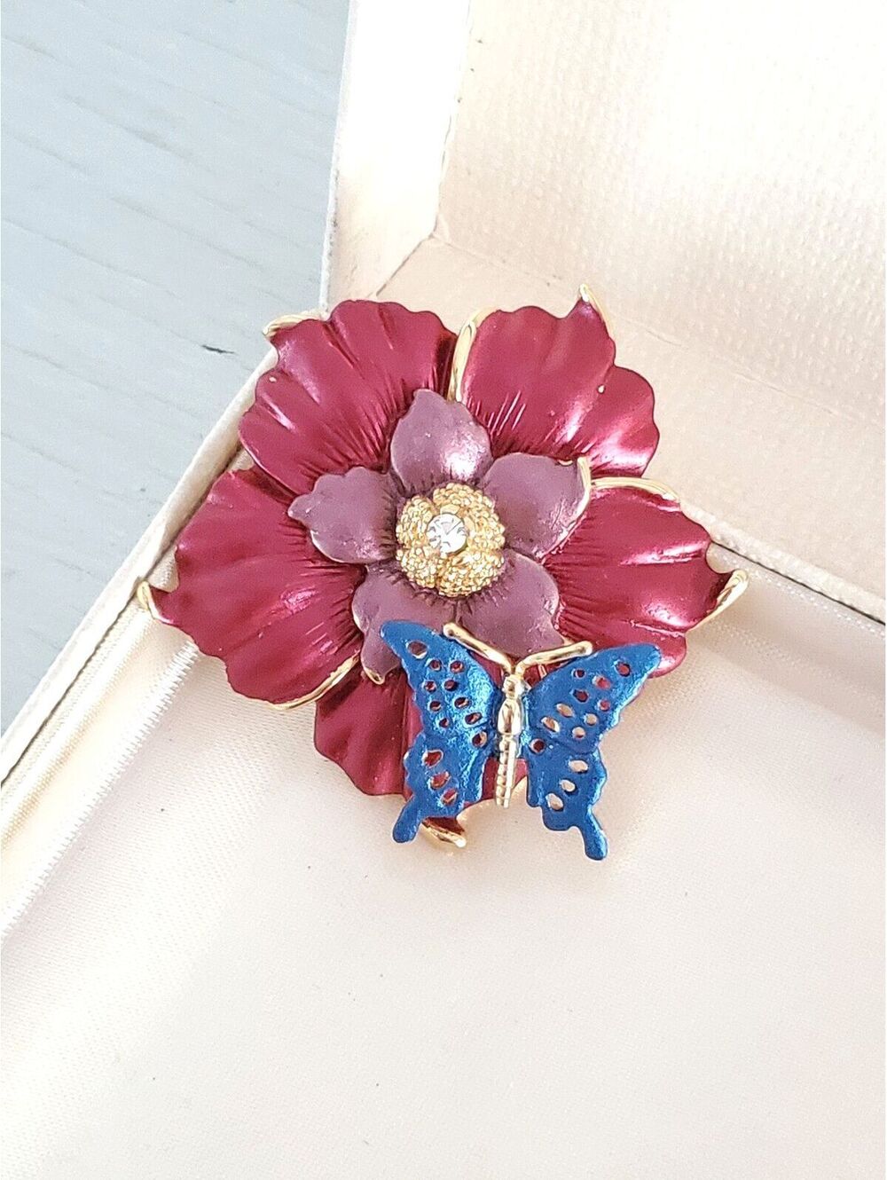 Vintage Red and Blue Floral Butterfly Enamel Brooch